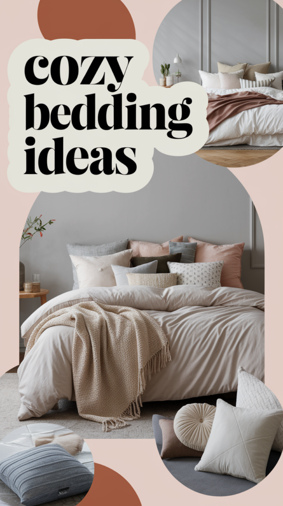 Collage of cozy bedding ideas featuring pillows, blankets, and neutral-toned bedding.