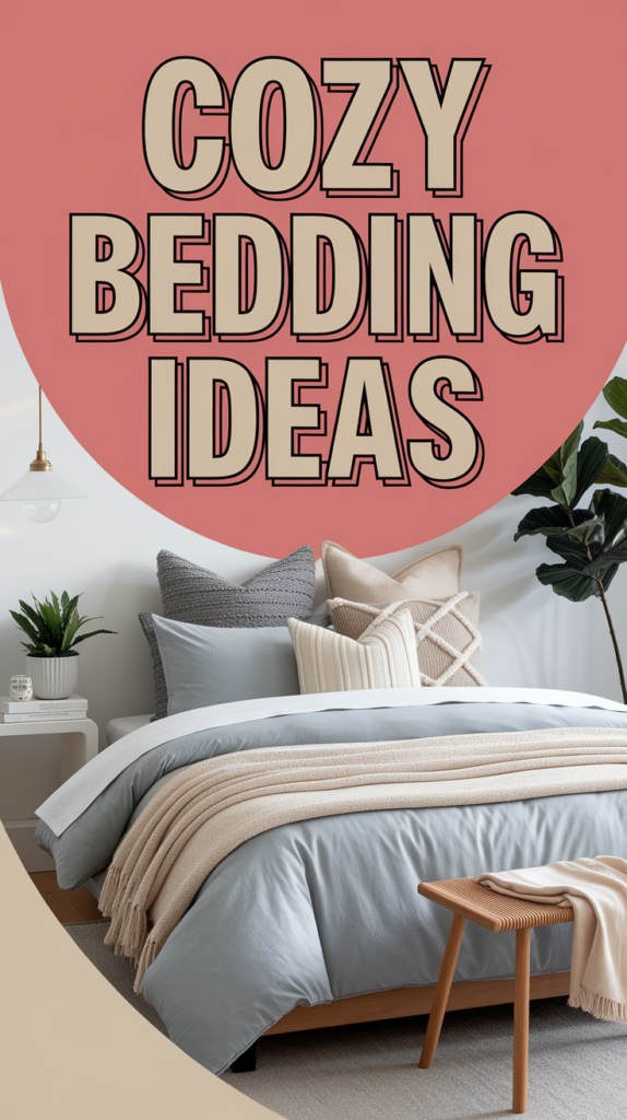 A neatly made bed with soft gray and cream bedding, pillows, and a woven throw, set in a stylish bedroom with modern decor.