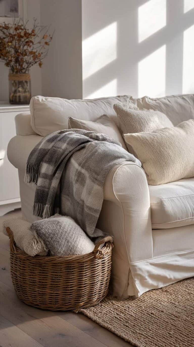 Cozy living room with a white sofa, gray plaid blanket, assorted cushions, and a wicker basket on a woven rug.