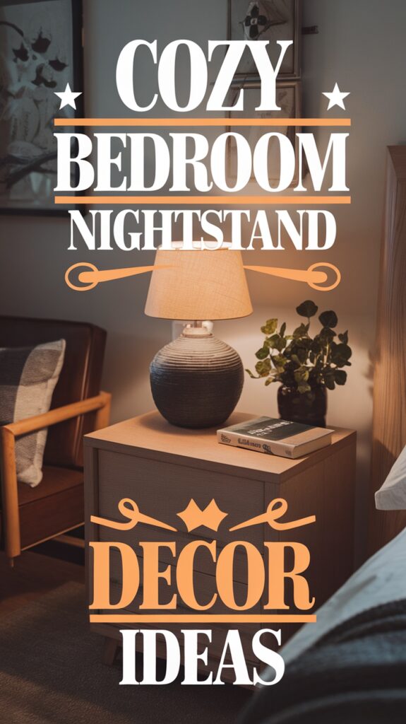 A cozy bedroom nightstand with a lamp, a plant, and a book, featuring text: "Cozy Bedroom Nightstand Decor Ideas."