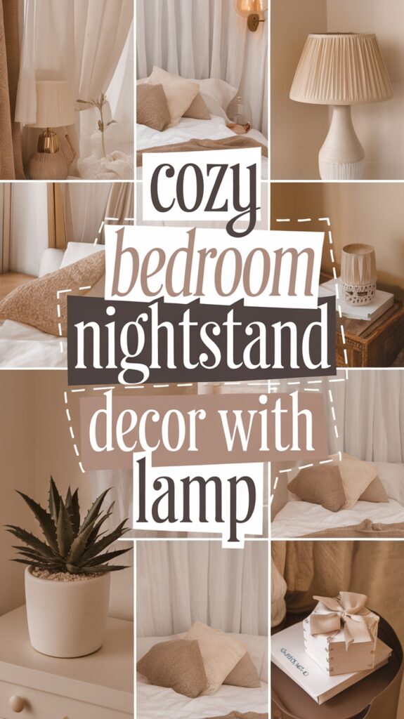 Collage of a cozy bedroom with nightstand decor featuring lamps, a potted plant, and decorative bed pillows.
