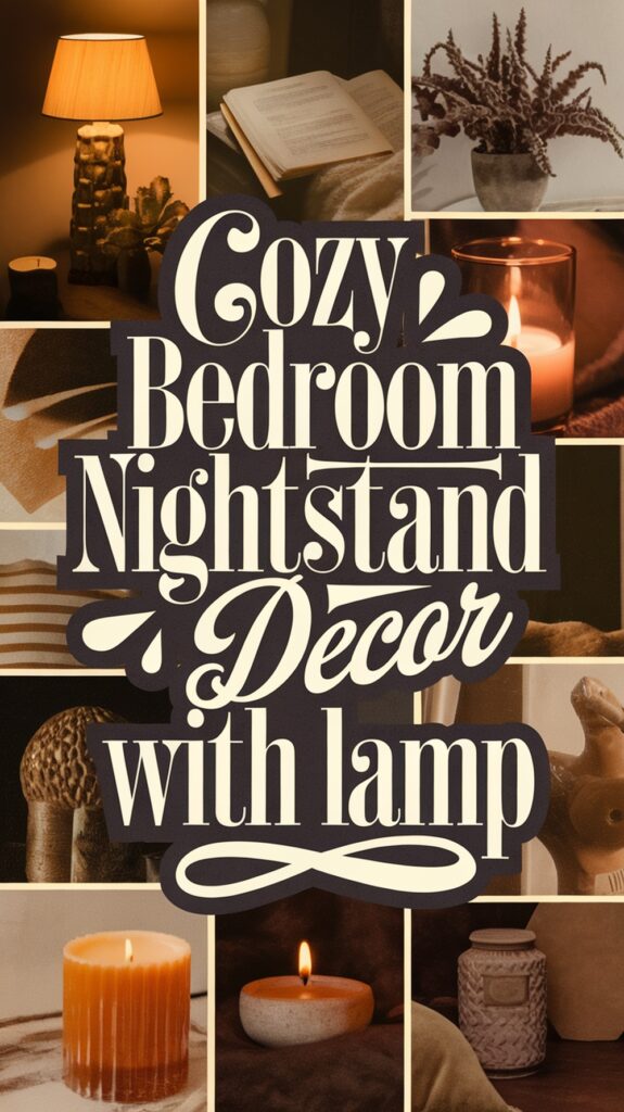 Collage of cozy bedroom nightstand decor featuring candles, a lamp, books, and dried flowers.