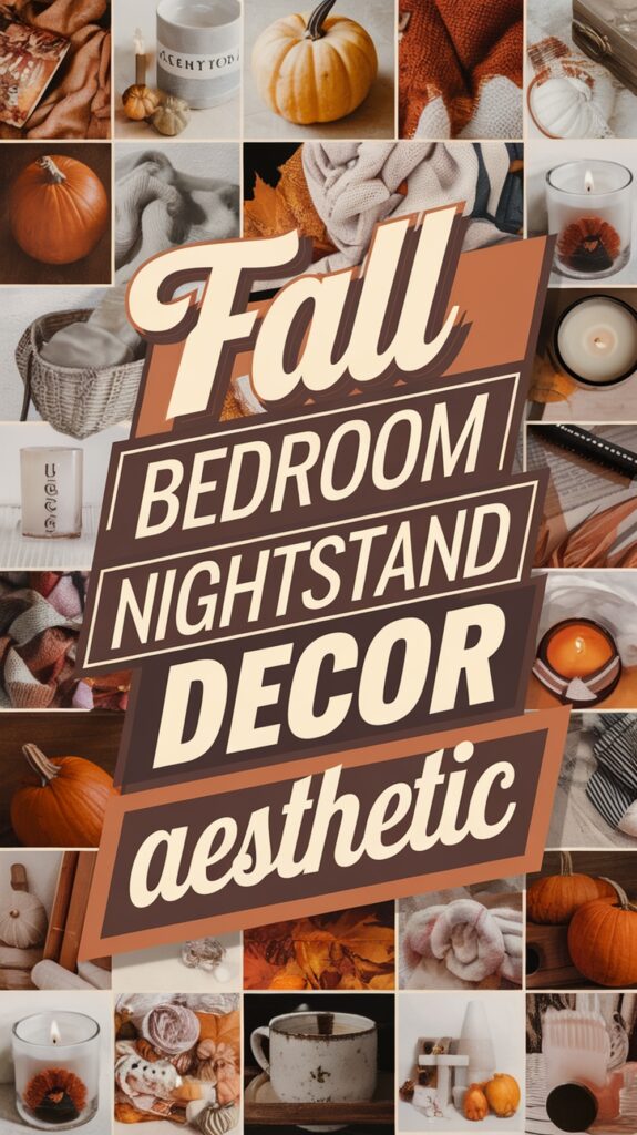 Collage of fall-themed bedroom decor with pumpkins, candles, knits, and cozy textures.