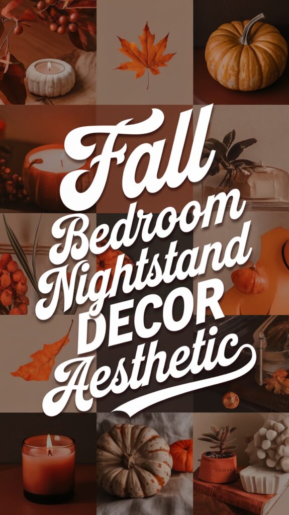 Collage of fall-themed bedroom nightstand decor, including pumpkins, candles, and leaves, with text overlay.
