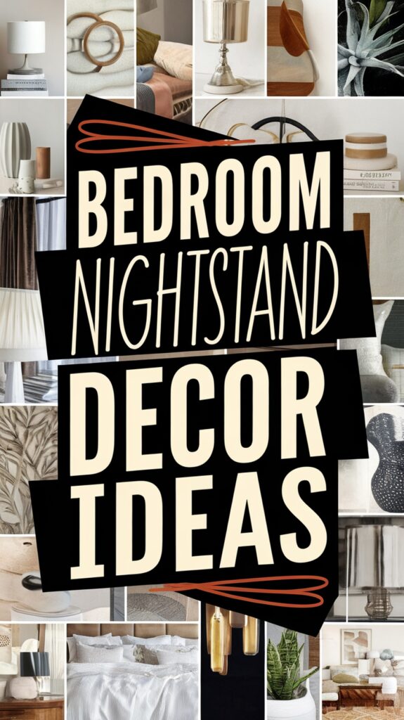 Collage of bedroom nightstand decor ideas with text in bold and various decorative items displayed.