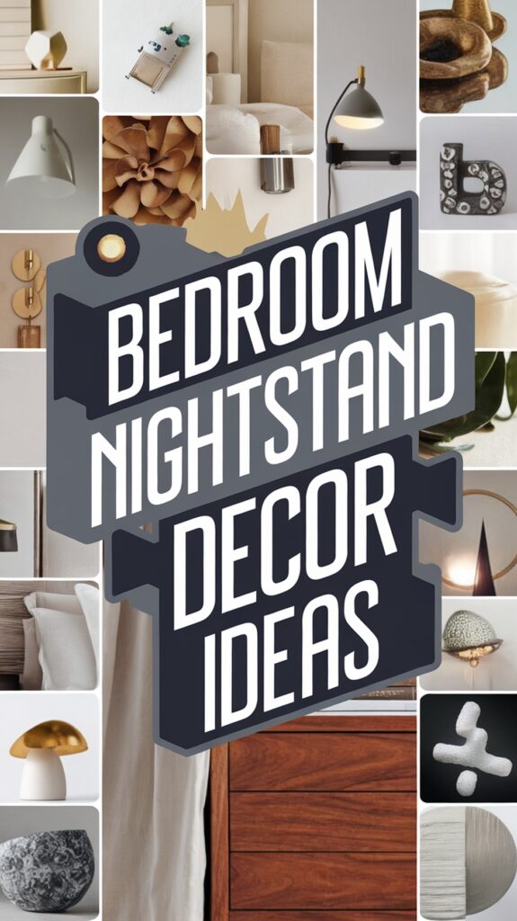 Collage of bedroom nightstand decor ideas featuring lamps, plants, and decorative objects with bold text in the center.