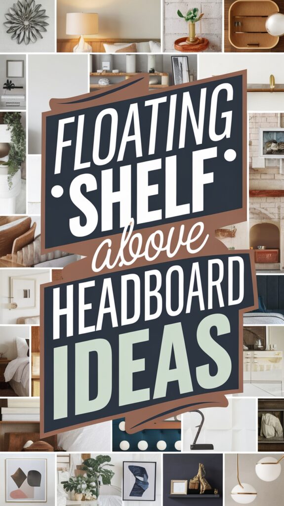 Collage featuring various floating shelf arrangements above headboards with text emphasizing "Floating Shelf Above Headboard Ideas."