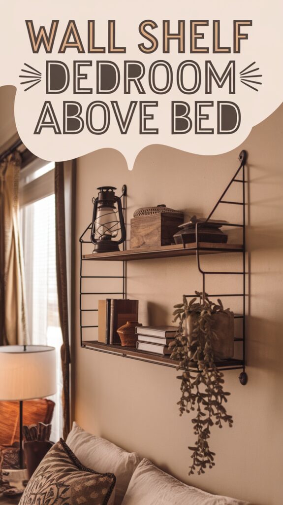 Wall shelf in a bedroom above a bed, with books, a lantern, and a plant.