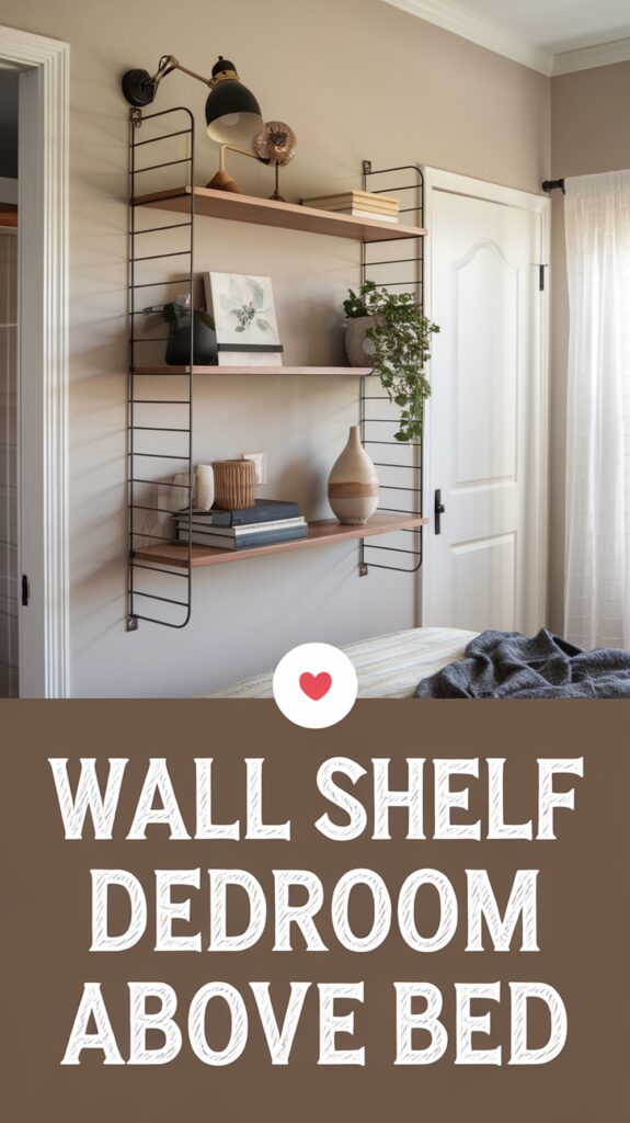 Wall shelf in a bedroom with decorative items and plants above a bed.
