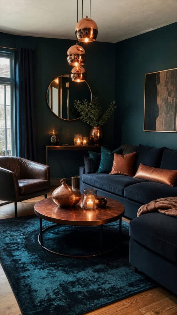 Deep Teal Walls with Copper Details