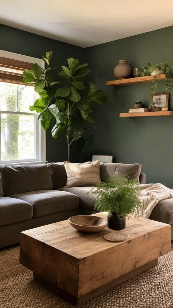 Forest Green Walls with Natural Wood Elements