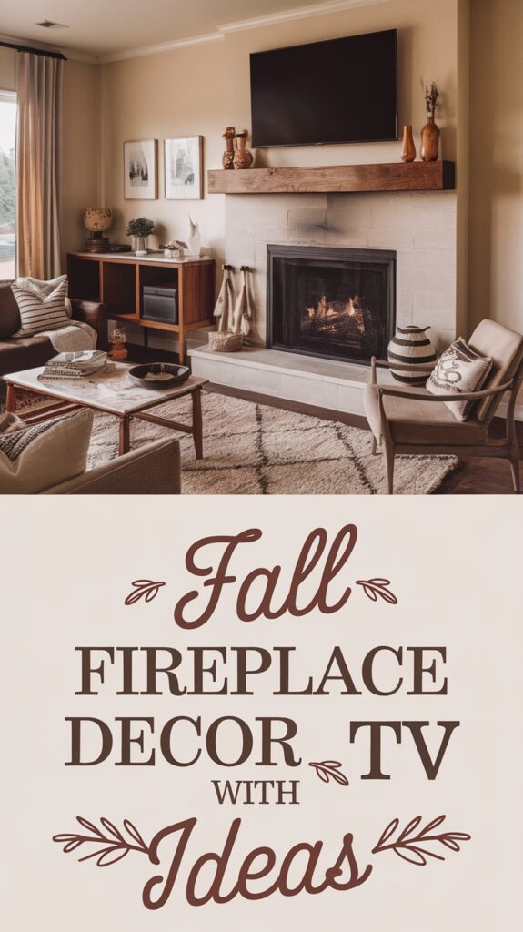 Living room with a fireplace, TV above, cozy seating, and seasonal decor; text reads, "Fall Fireplace Decor with TV Ideas."