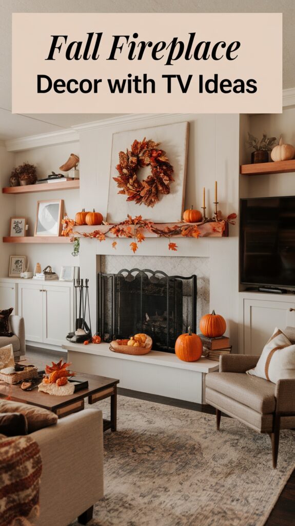 Cozy living room with a decorated fireplace featuring pumpkins and autumn leaves, a TV, and comfortable seating.