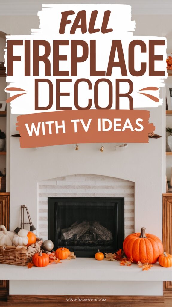 A decorated fireplace with pumpkins and autumn decor, accompanied by the text "Fall Fireplace Decor with TV Ideas."