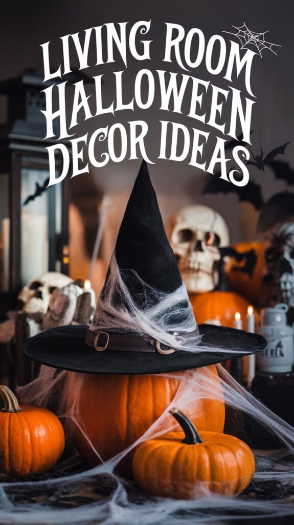 A Halloween-themed setup with pumpkins, a witch hat, skulls, and cobwebs, featuring the text "Living Room Halloween Decor Ideas."