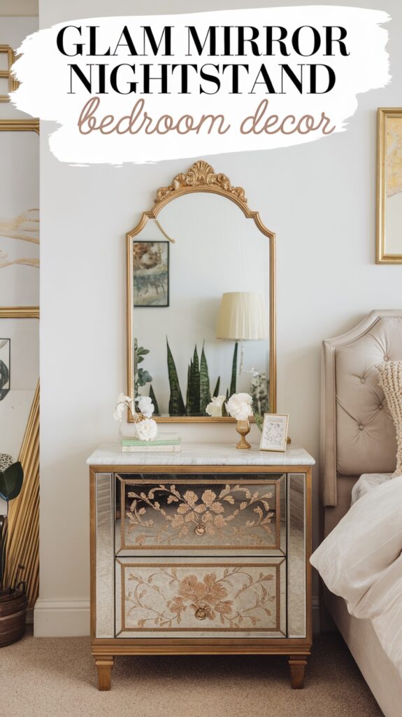 Glamorous bedroom with an ornate mirror-styled nightstand adorned with decorative items and soft lighting.