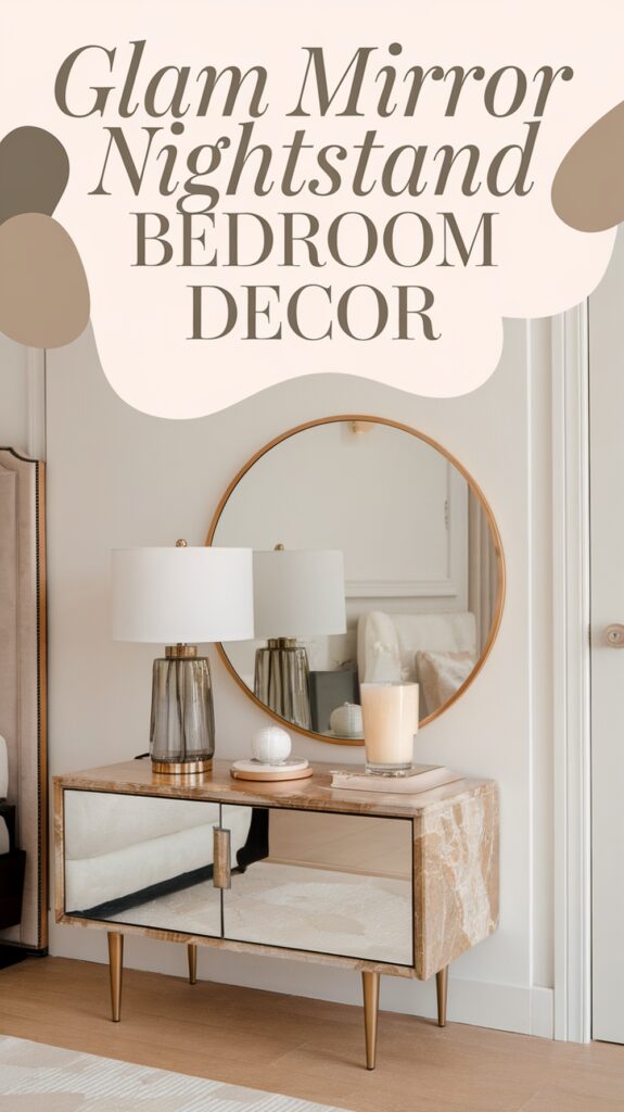 Bedroom with a glam mirror nightstand, a round mirror, a table lamp, and decorative items on the surface.