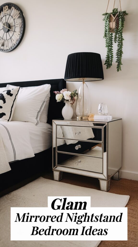 Bedroom with a mirrored nightstand, black lamp, and a floral arrangement beside a bed.