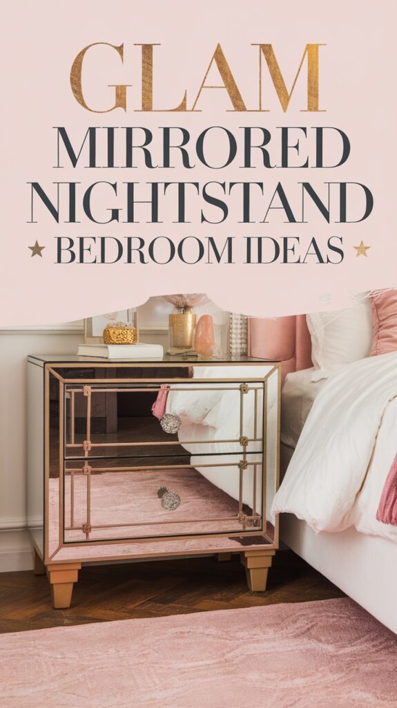 A stylish mirrored nightstand beside a bed with pink and gold decor, with text reading "Glam Mirrored Nightstand Bedroom Ideas."