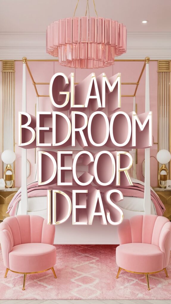 Pink glam bedroom with two pink chairs, a chandelier, and large text reading "Glam Bedroom Decor Ideas."