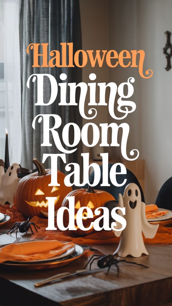 A festive Halloween dining table with pumpkins, ghost figures, and decorative spiders.