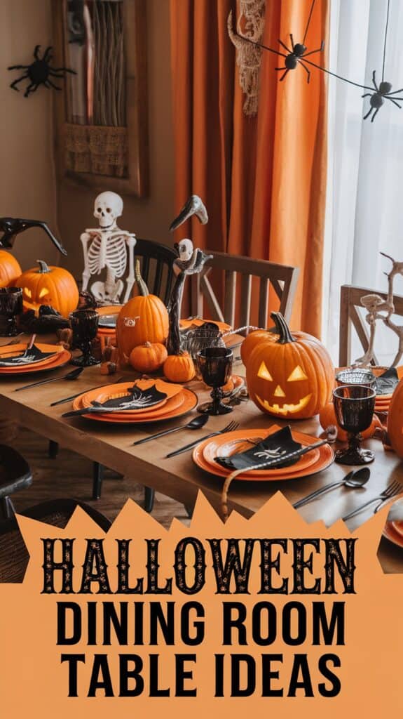 A Halloween-themed dining table with pumpkins, skeletons, and spider decorations, accompanied by the text "Halloween Dining Room Table Ideas."