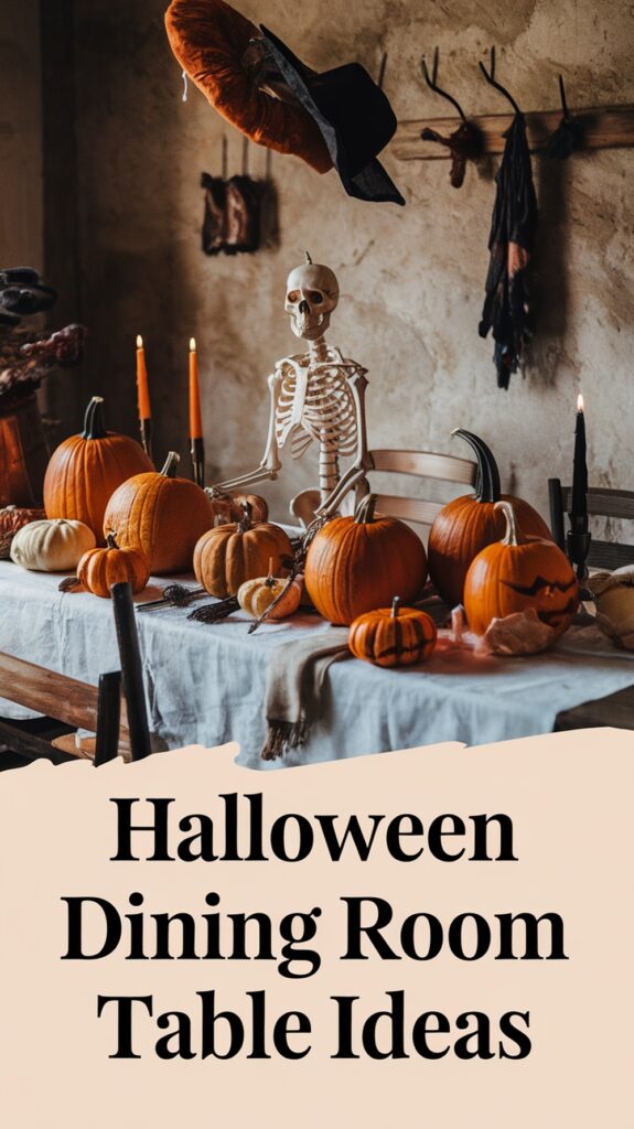 A Halloween-themed dining room table with a skeleton, pumpkins, and black candles, featuring festive decorations.