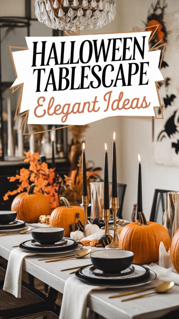 A Halloween-themed table setting with black and gold accents, pumpkins, and tall black candles.