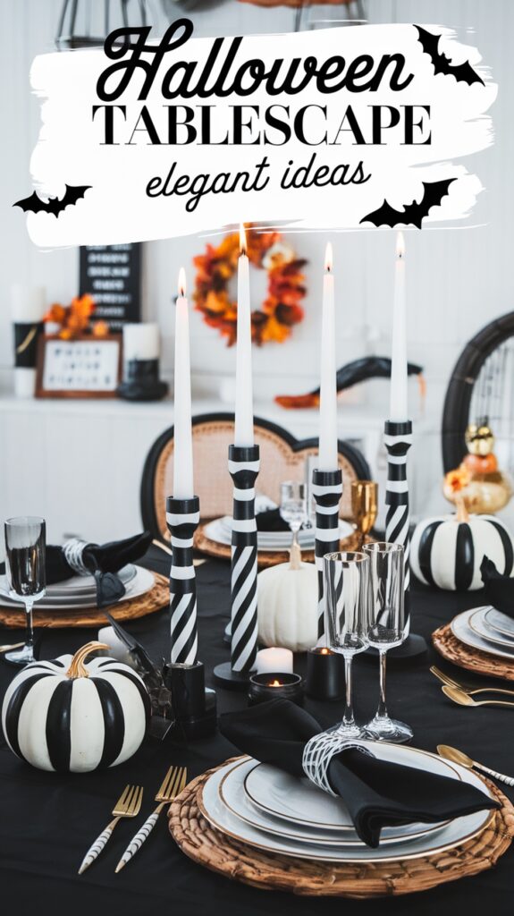 Elegant Halloween tablescape with black and white theme, featuring striped candles, pumpkins, and an autumnal backdrop.