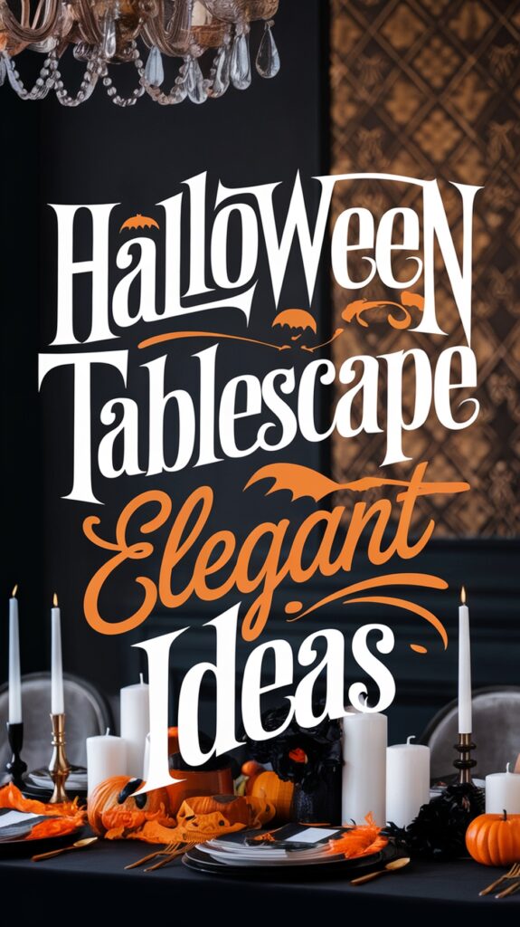 Elegant Halloween tablescape with white candles, pumpkins, and bats. Text reads: "Halloween Tablescape Elegant Ideas."