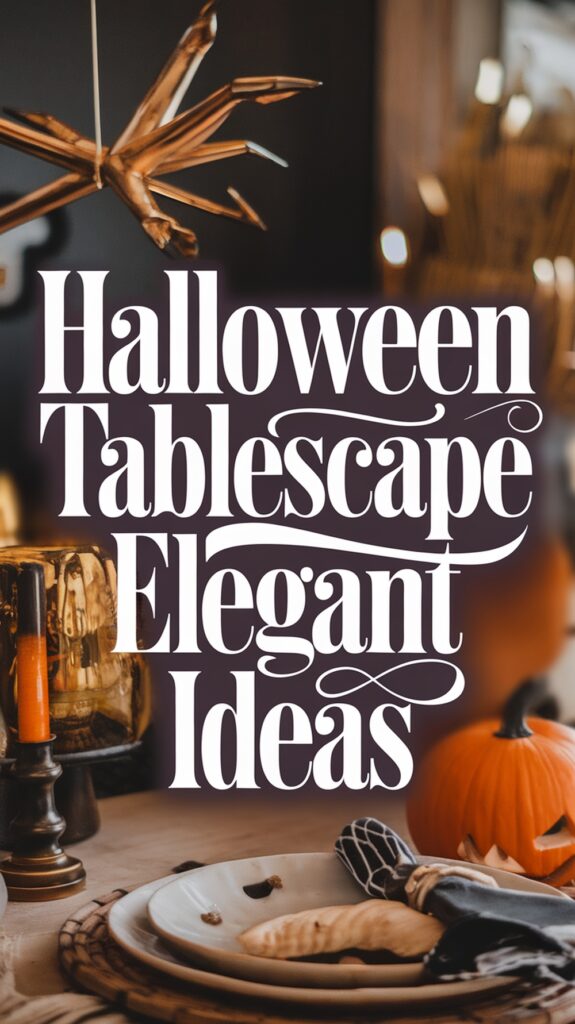 Halloween-themed tablescape with a pumpkin, candle, and fall decor, featuring the text "Halloween Tablescape Elegant Ideas."