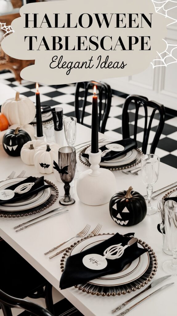 Elegant Halloween table setting with black and white pumpkins, black candles, and themed plates on a checkered floor background.