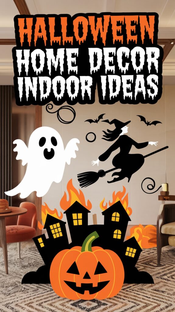 Halloween home decor indoor ideas featuring a ghost, witch, bats, haunted houses, and a jack-o'-lantern.