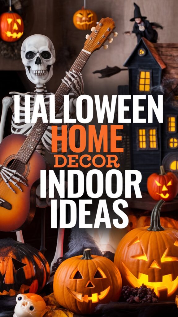 A skeleton playing guitar surrounded by carved pumpkins and Halloween decor in a spooky indoor setting.