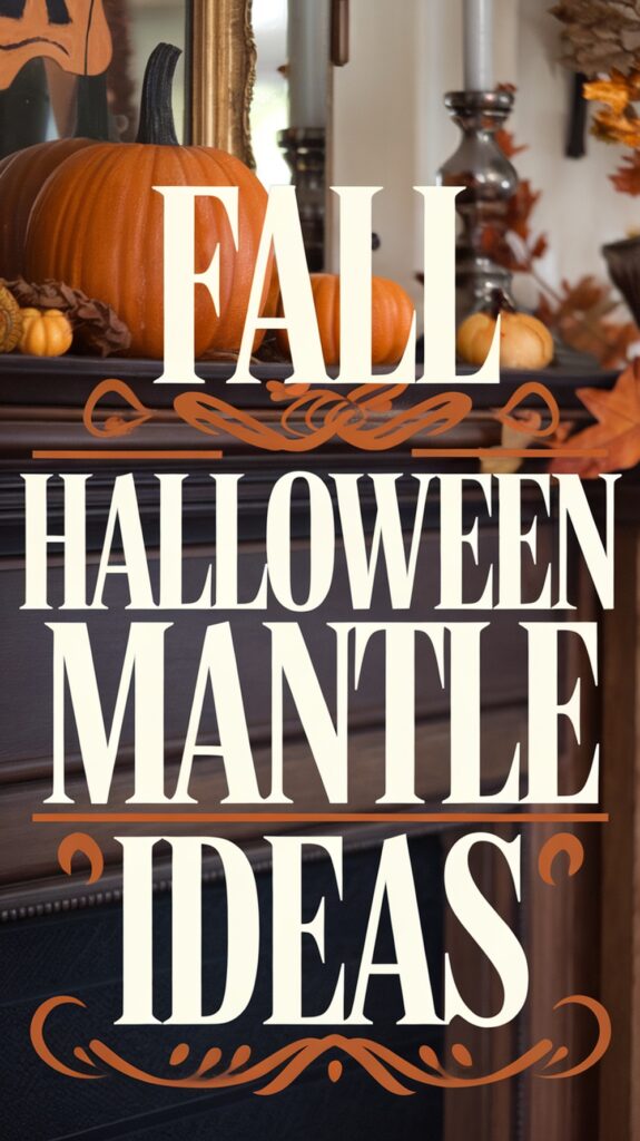 Pumpkins and fall leaves decorating a mantle with the text "Fall Halloween Mantle Ideas" overlaid.