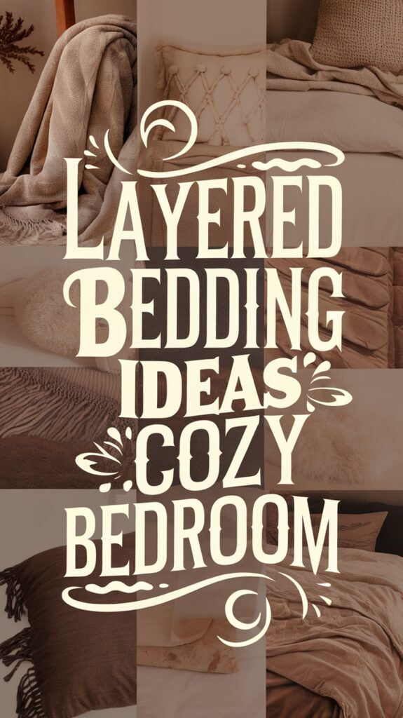 Collage of bedding with text "Layered Bedding Ideas: Cozy Bedroom" overlaid in a decorative font.