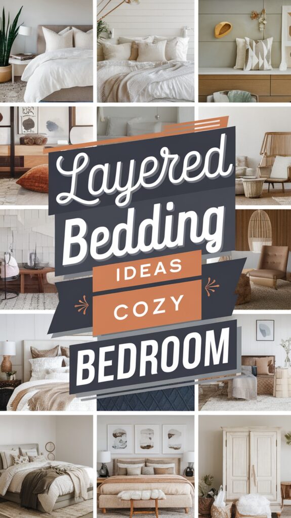 Collage of cozy bedroom setups with various bedding layers, featuring the phrase "Layered Bedding Ideas Cozy Bedroom."