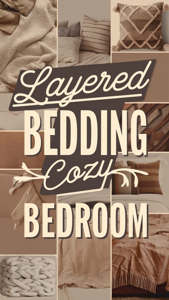 Collage of various beige and brown bedding items with the text "Layered Bedding Cozy Bedroom" in the center.