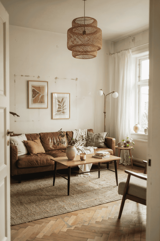 A cozy living room with a brown leather sofa, framed art on the wall, a woven lamp, and a wooden coffee table on a jute rug.