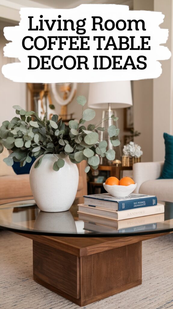A glass-topped coffee table with a white vase of eucalyptus, books, and a bowl of oranges, under a sign reading "Living Room Coffee Table Decor Ideas."