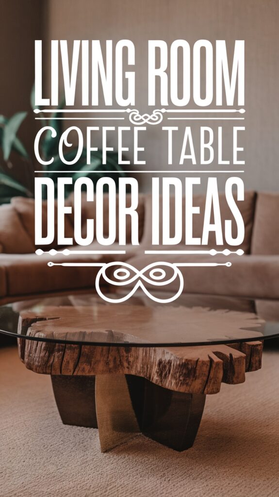 A rustic wooden coffee table with a natural edge in a living room setting, with text "Living Room Coffee Table Decor Ideas."