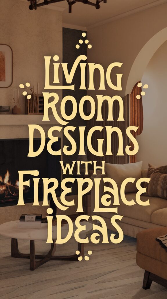 Text reading "Living Room Designs with Fireplace Ideas" over a cozy living room with a lit fireplace.