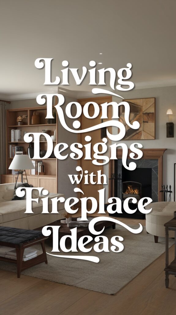 Stylish living room with a fireplace, featuring text: "Living Room Designs with Fireplace Ideas."