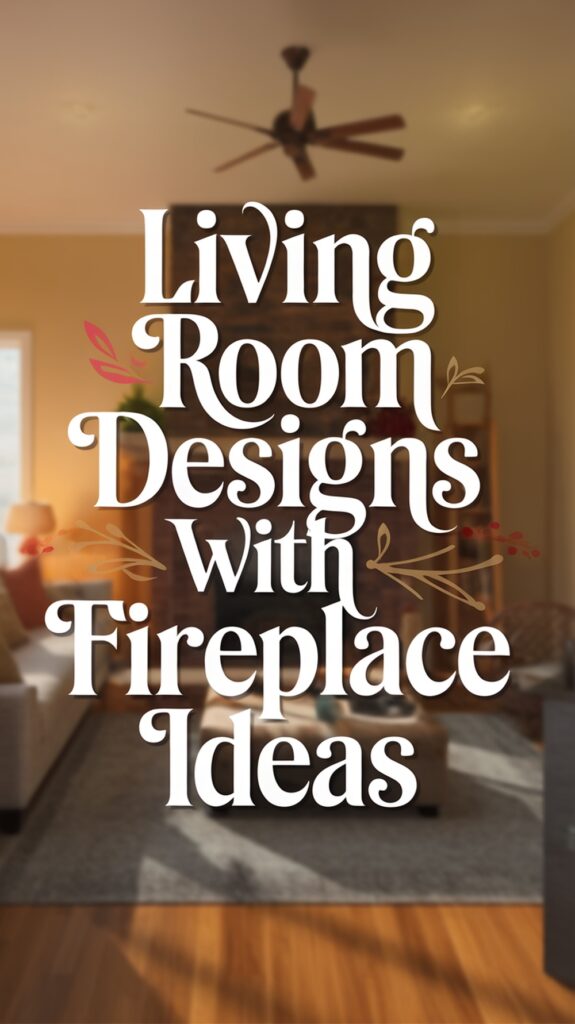 Text overlay on a living room with a ceiling fan and sofas: "Living Room Designs with Fireplace Ideas."