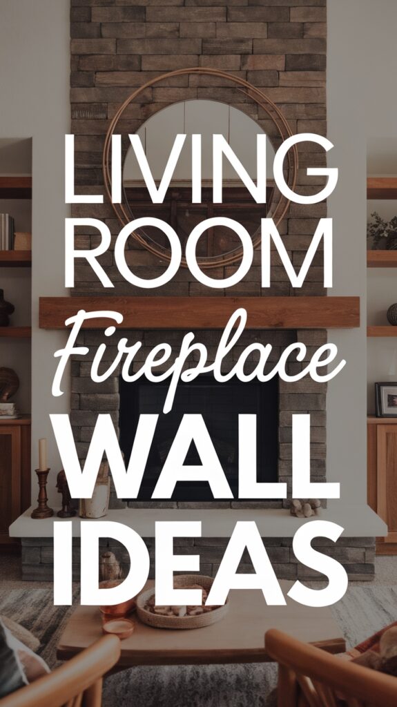 Text overlay: "Living Room Fireplace Wall Ideas" on a modern fireplace with stone surround and wood accents.