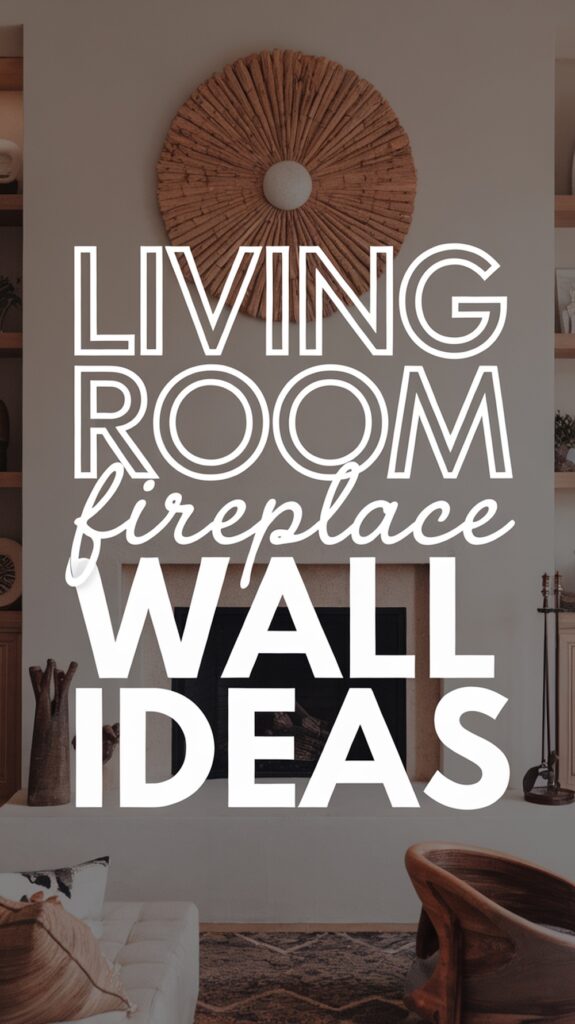 Text reads "Living Room Fireplace Wall Ideas" over a living room scene with a wooden wall decoration above the fireplace.
