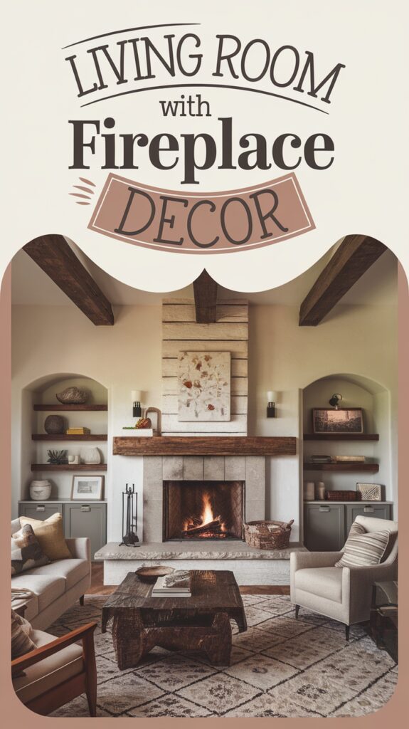 A cozy living room with a lit fireplace, wooden beams, decorative shelves, and comfortable seating.