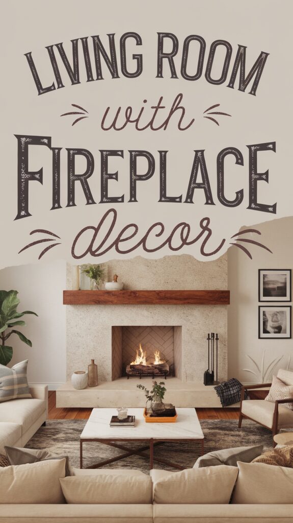 Stylish living room with a lit fireplace, modern furniture, plants, and decorative items on the mantel.