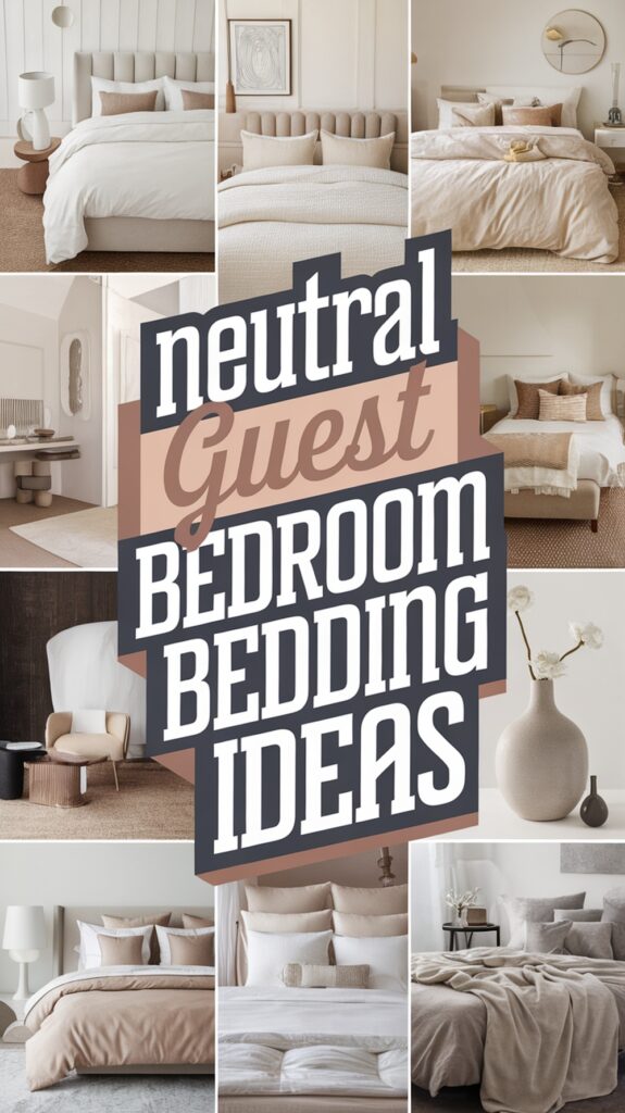Collage of neutral-themed bedroom inspirations with various bedding styles and decor.