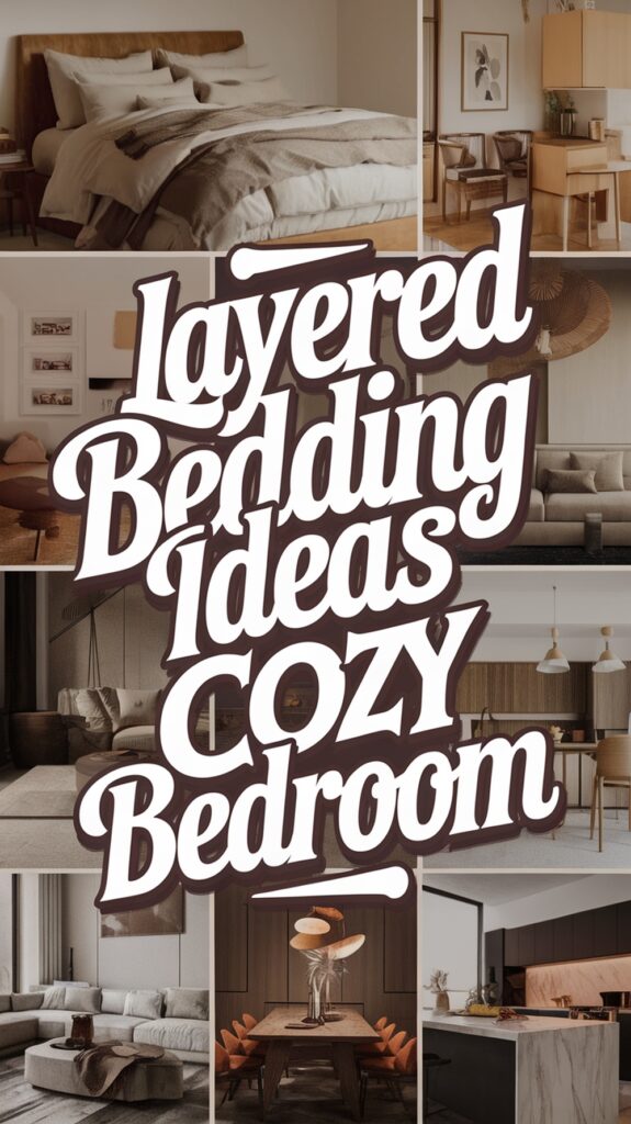 Collage of cozy bedroom decor with layered bedding ideas in various styles and furnishings.